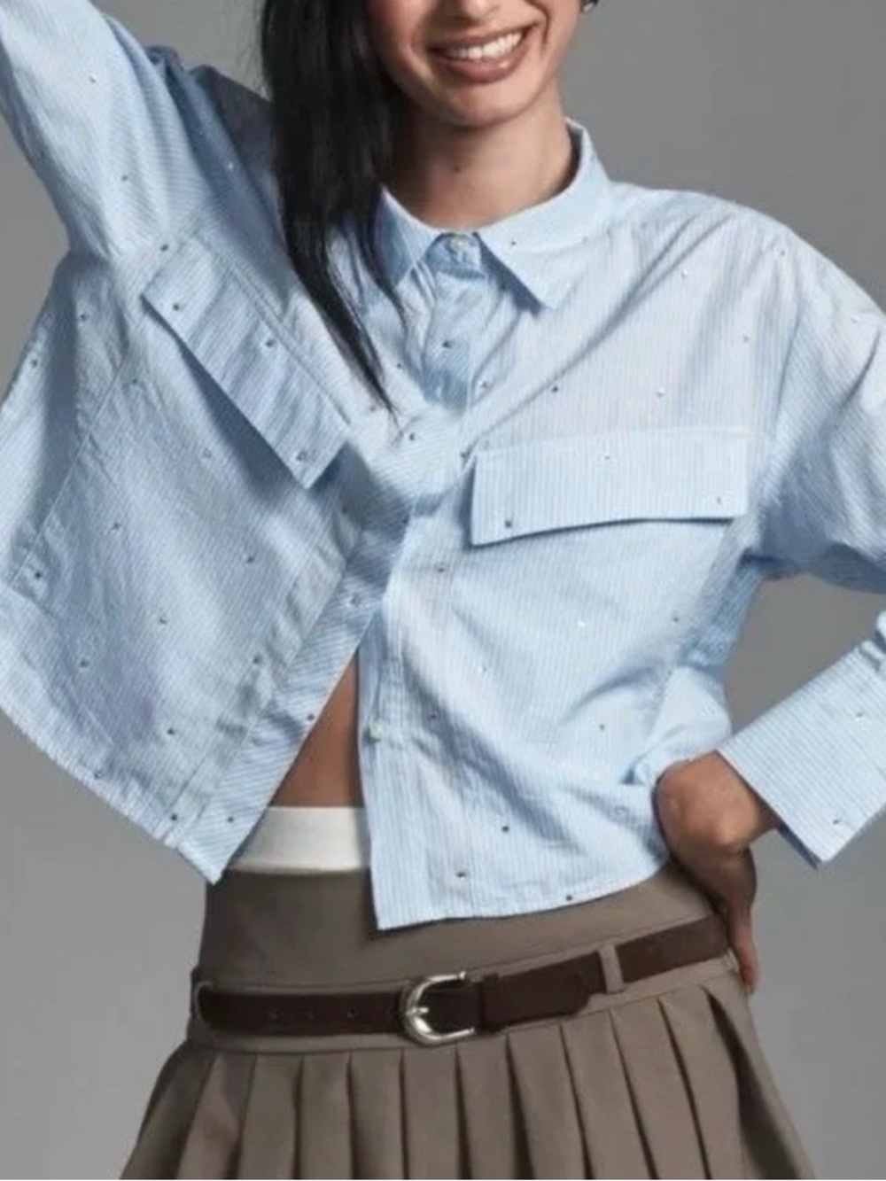 Maeve Light Blue Pinstripe Shirt with Stud Accents
